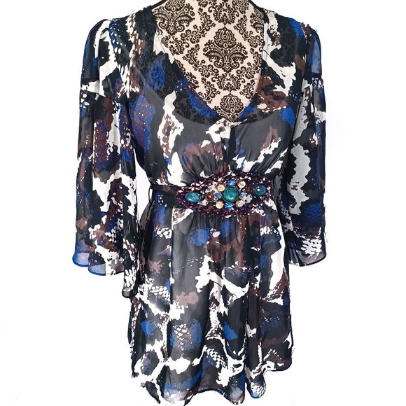 ECI Jeweled Waist Angel Sleeve V Neck Chiffon Tunic Blouse 6 - Picture 4 of 5